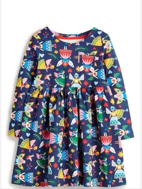 Mini Boden Fairy Print Log Sleeve Cotton Jersey Dress In Navy Size 6/7